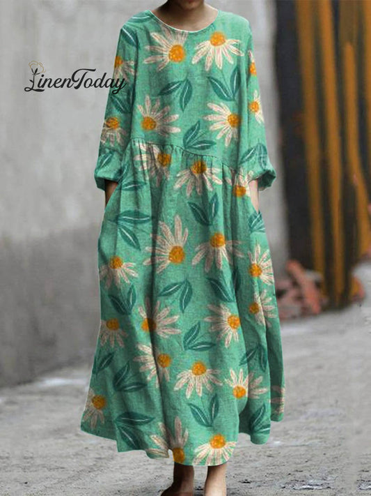 Women's Lovely Floral Art Print Pocket Cotton Dress