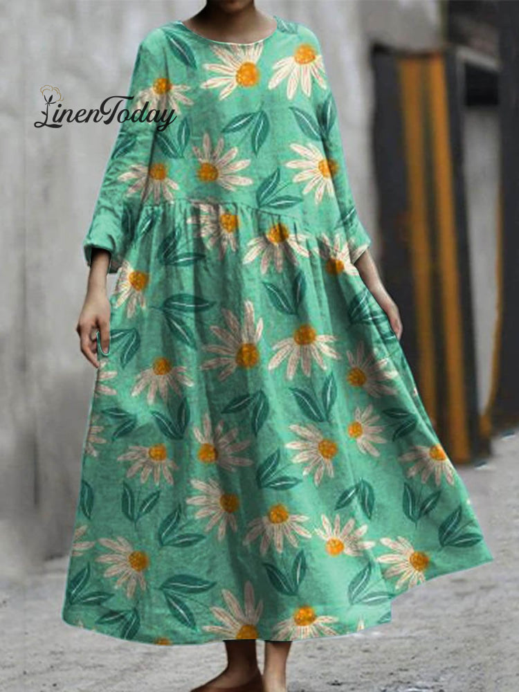 Women's Lovely Floral Art Print Pocket Cotton Dress