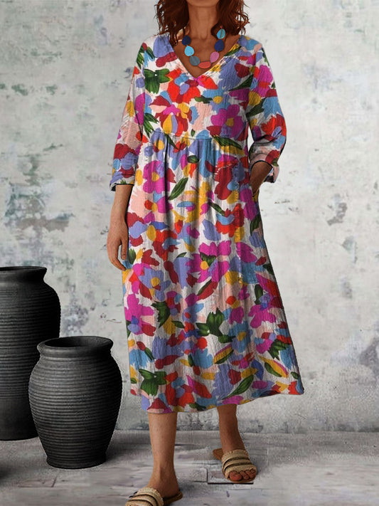 Women's Vintage Floral Art Print Crew Neck Long Sleeve Cotton Pocket Dress